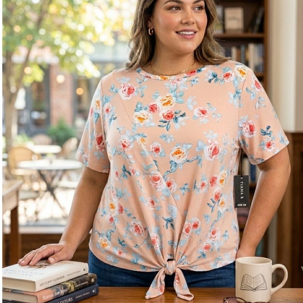 Tiana B. Floral Front-Tie Short Sleeve Top Size 2X Peach Pink Casual Blouse NWT